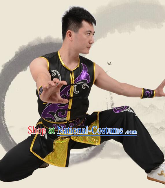 Chinese Traditional Tang Suit Embroidered Black Costume Martial Arts Tai Ji Competition Clothing for Men