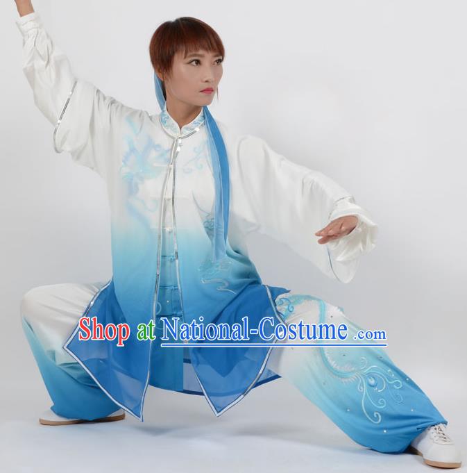 Chinese Traditional Kung Fu Embroidered Phoenix Blue Costume Martial Arts Tai Ji Competition Clothing for Women