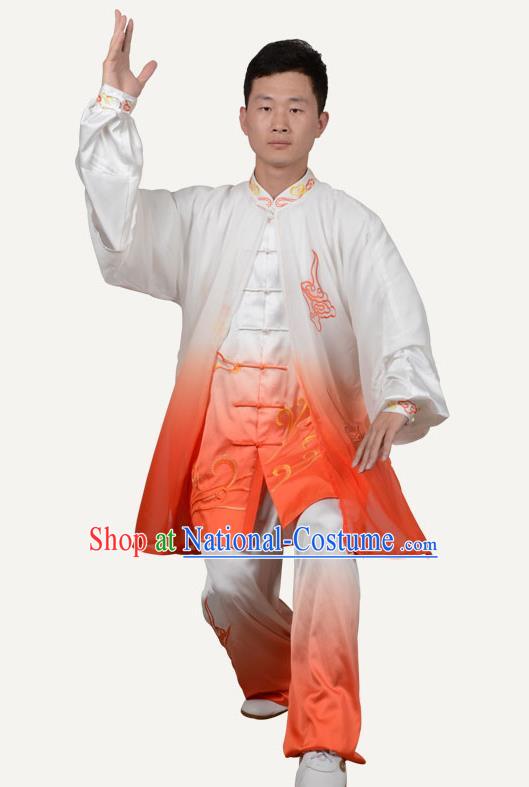 Chinese Traditional Kung Fu Embroidered Costume Martial Arts Tai Ji Competition Orange Clothing for Men