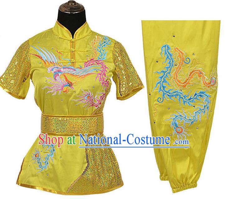 Chinese Traditional Kung Fu Embroidered Phoenix Yellow Costume Martial Arts Competition Clothing for Women