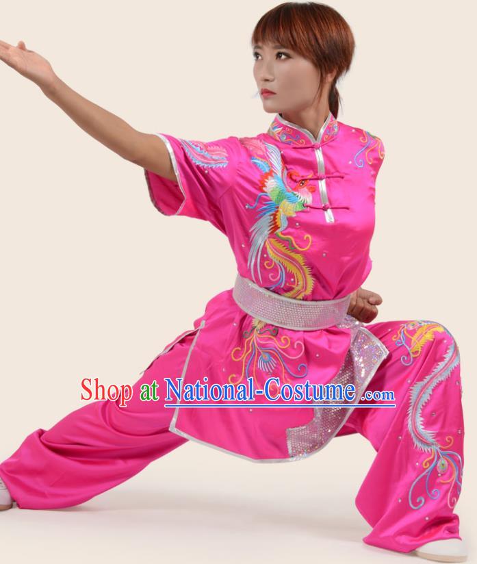 Chinese Traditional Kung Fu Embroidered Phoenix Rosy Costume Martial Arts Competition Clothing for Women