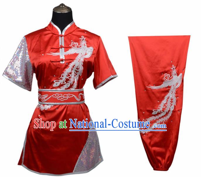 Chinese Traditional Kung Fu Printing Phoenix Wine Red Costume Martial Arts Competition Clothing for Women