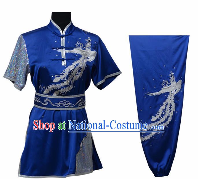 Chinese Traditional Kung Fu Printing Phoenix Royalblue Costume Martial Arts Competition Clothing for Women