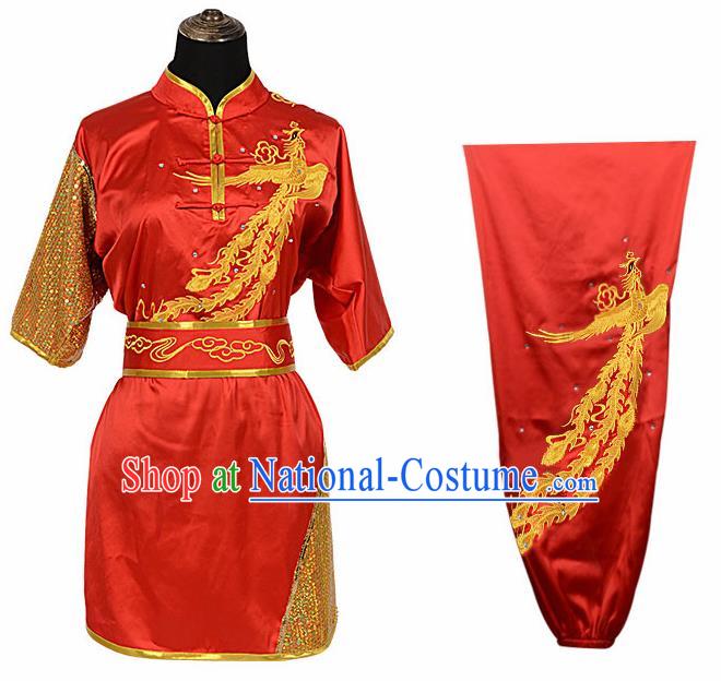 Chinese Traditional Kung Fu Printing Phoenix Red Costume Martial Arts Competition Clothing for Women