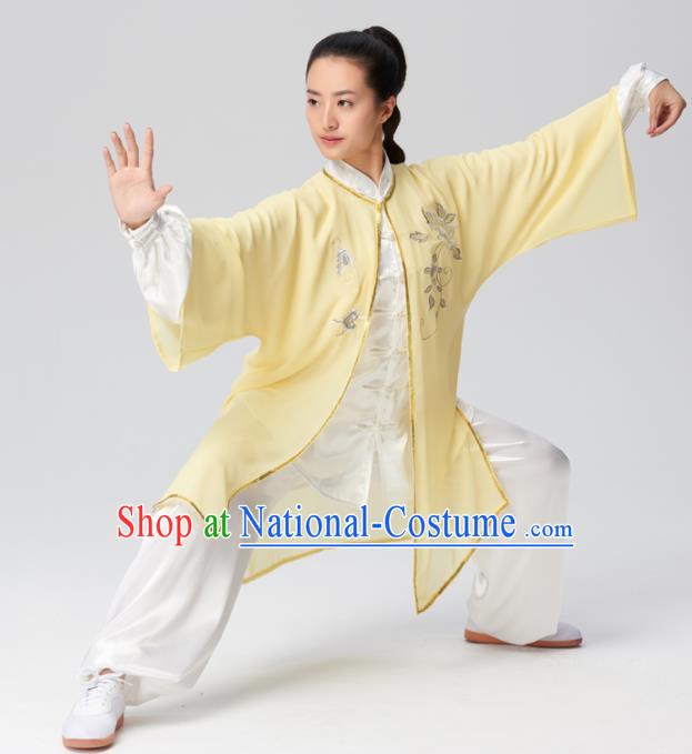 Chinese Traditional Kung Fu Tai Chi Costume Martial Arts Competition Embroidered Yellow Clothing for Women