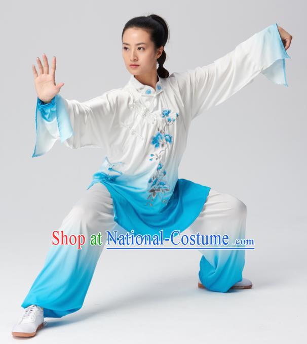 Chinese Traditional Tai Chi Group Embroidered Blue Costume Martial Arts Competition Clothing for Women