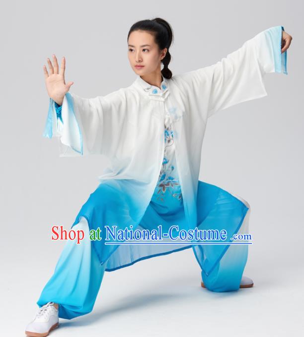 Chinese Traditional Kung Fu Tai Chi Group Embroidered Blue Costume Martial Arts Competition Clothing for Women