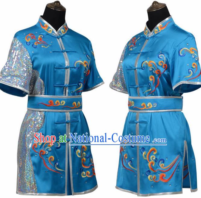 Chinese Traditional Kung Fu Blue Costume Martial Arts Tai Ji Competition Clothing for Women