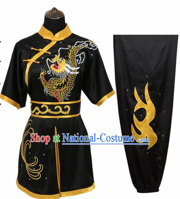 Chinese Traditional Kung Fu Embroidered Dragon Black Costume Martial Arts Tai Ji Competition Clothing for Men