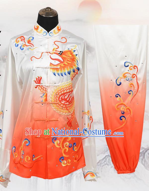 Chinese Traditional Kung Fu Embroidered Orange Costume Martial Arts Tai Ji Competition Clothing for Men