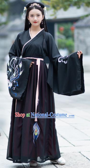 Traditional Chinese Jin Dynasty Palace Black Hanfu Dress Ancient Princess Embroidered Replica Costume for Women