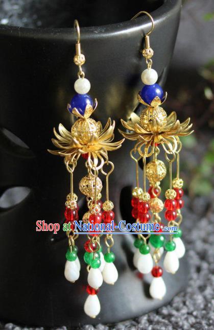 Chinese Handmade Hanfu Golden Lotus Earrings Traditional Ancient Palace Ear Accessories for Women