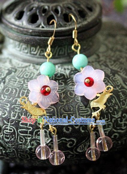 Chinese Handmade Hanfu Pink Flower Earrings Traditional Ancient Palace Ear Accessories for Women