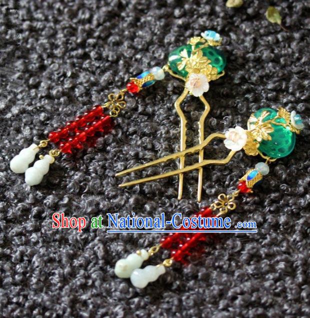 Handmade Chinese Ancient Green Grass Tassel Hairpins Traditional Hair Accessories Headdress for Women