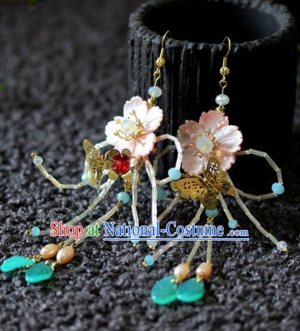 Chinese Handmade Hanfu Pink Shell Flower Earrings Traditional Ancient Palace Ear Accessories for Women