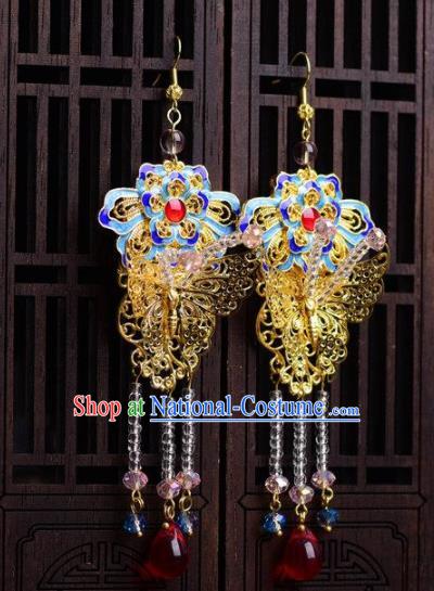 Chinese Handmade Hanfu Blueing Lotus Earrings Traditional Ancient Palace Ear Accessories for Women