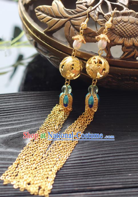 Chinese Handmade Hanfu Golden Tassel Earrings Traditional Ancient Palace Ear Accessories for Women