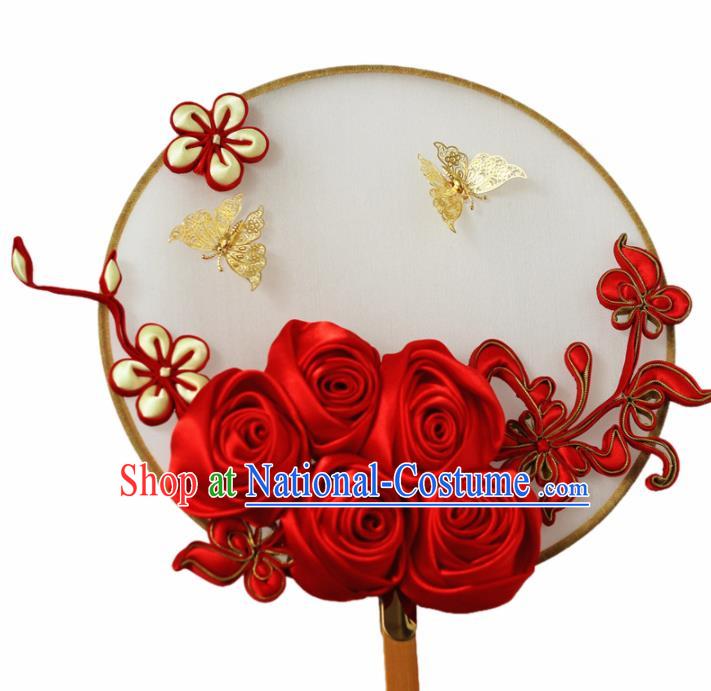 Chinese Handmade Bride Classical Red Roses Palace Fans Wedding Accessories Round Fan for Women