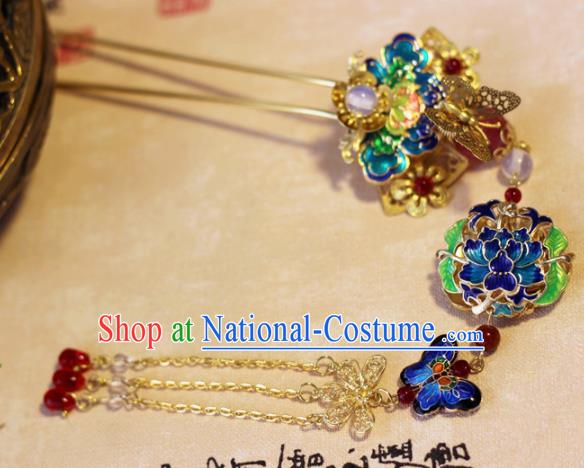 Handmade Chinese Ancient Palace Blueing Lotus Tassel Hairpins Traditional Hair Accessories Headdress for Women