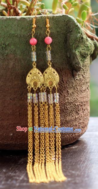 Chinese Handmade Hanfu Golden Long Tassel Earrings Traditional Ancient Palace Ear Accessories for Women