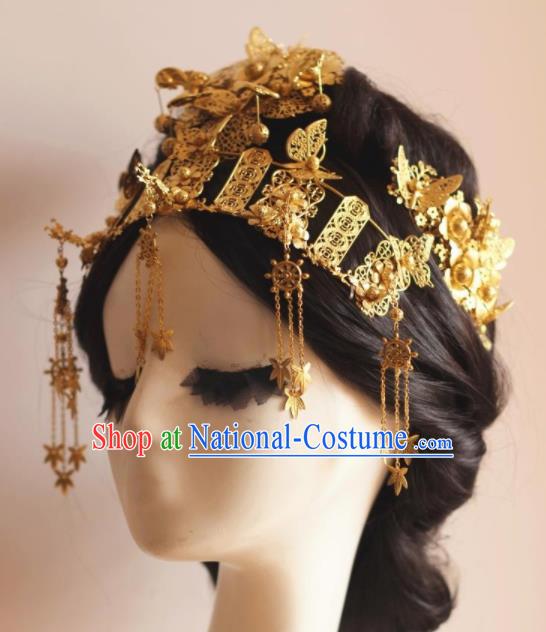 Handmade Chinese Ancient Bride Golden Phoenix Coronet Hairpins Traditional Hair Accessories Headdress for Women