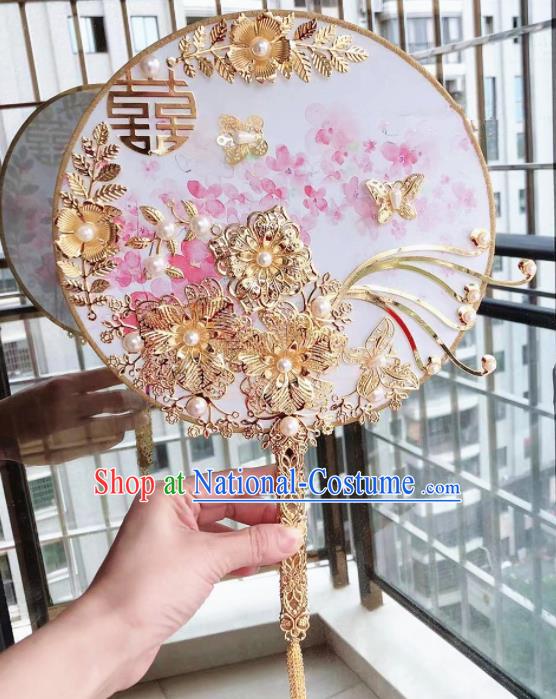 Chinese Handmade Bride Golden Flowers Palace Fans Wedding Accessories Classical Round Fan for Women