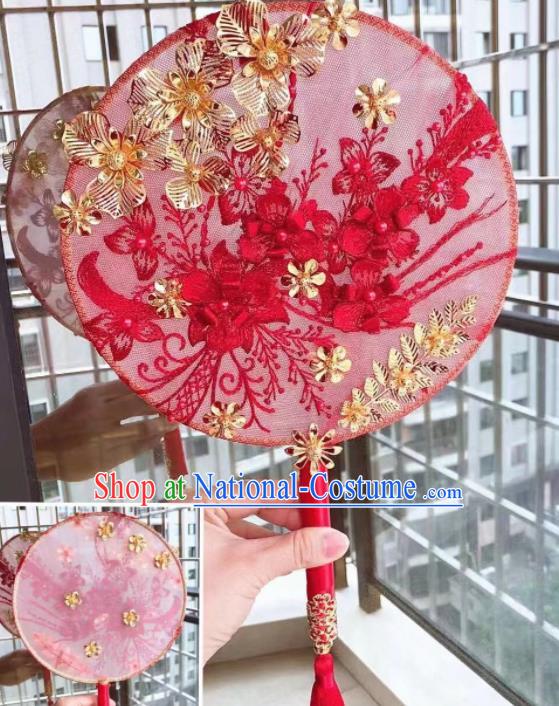 Chinese Handmade Bride Red Lace Flowers Palace Fans Wedding Accessories Classical Round Fan for Women