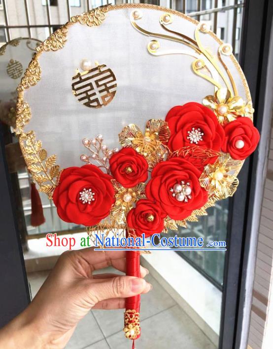 Chinese Handmade Bride Red Rose Flowers Palace Fans Wedding Accessories Classical Round Fan for Women