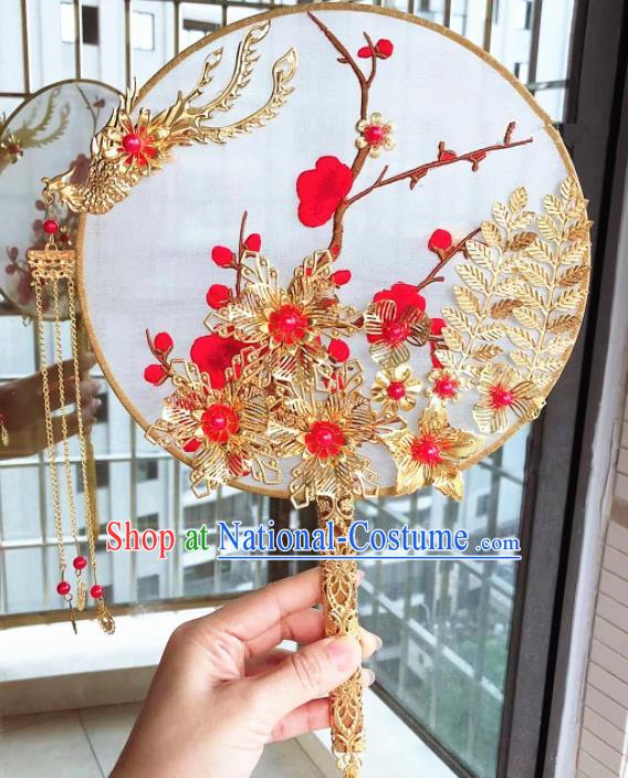 Chinese Handmade Bride Embroidered Palace Fans Wedding Accessories Classical Phoenix Round Fan for Women