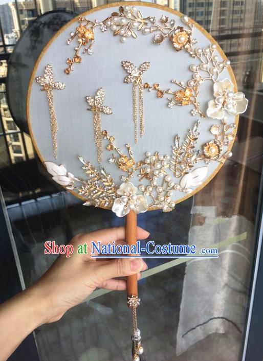 Chinese Handmade Bride Pearls Palace Fans Wedding Accessories Classical Round Fan for Women