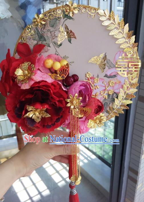 Chinese Handmade Bride Red Peony Palace Fans Wedding Accessories Classical Round Fan for Women