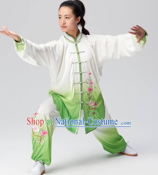 Chinese Traditional Kung Fu Tai Chi Group Embroidered Green Silk Costume Martial Arts Competition Clothing for Women