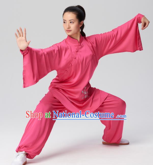 Chinese Traditional Kung Fu Tai Chi Group Embroidered Rosy Costume Martial Arts Competition Clothing for Women