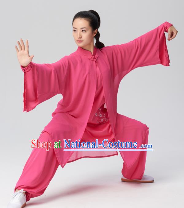 Chinese Traditional Kung Fu Tai Chi Group Embroidered Rosy Silk Costume Martial Arts Competition Clothing for Women