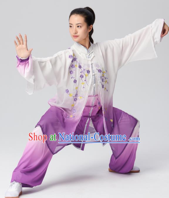 Chinese Traditional Tai Chi Group Embroidered Plum Blossom Purple Costume Martial Arts Kung Fu Competition Clothing for Women