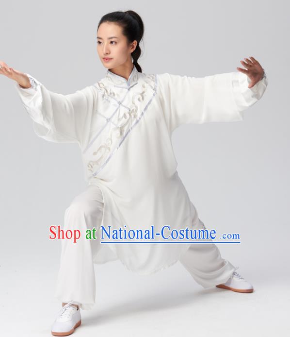 Chinese Traditional Tai Chi Group Embroidered White Costume Martial Arts Kung Fu Competition Clothing for Women