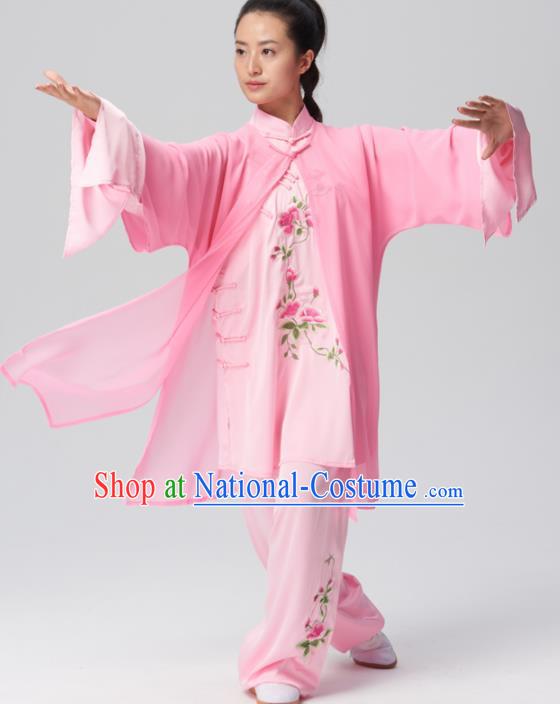 Chinese Traditional Tai Chi Group Embroidered Pink Silk Costume Martial Arts Kung Fu Competition Clothing for Women