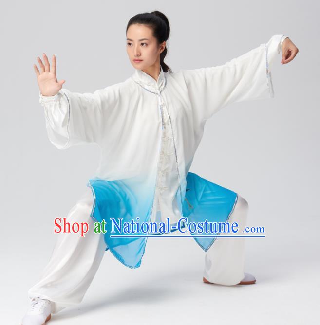 Chinese Traditional Tai Chi Group Embroidered Blue Silk Costume Martial Arts Kung Fu Competition Clothing for Women