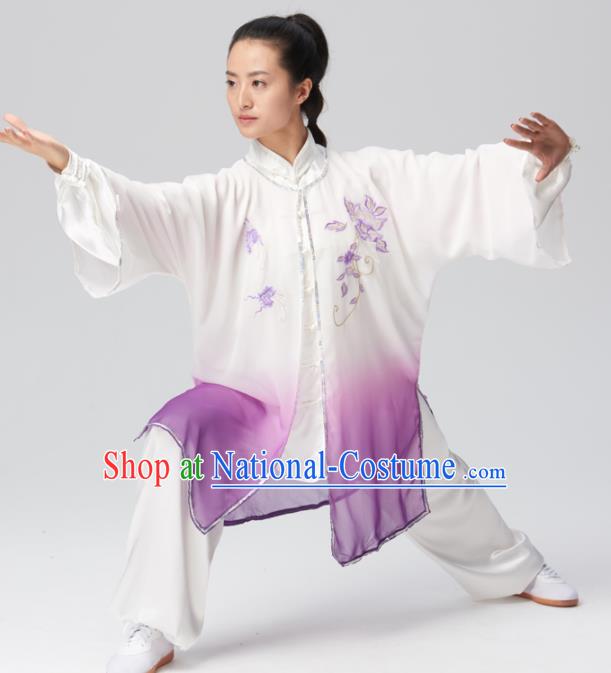 Chinese Traditional Tai Chi Group Embroidered Purple Silk Costume Martial Arts Kung Fu Competition Clothing for Women