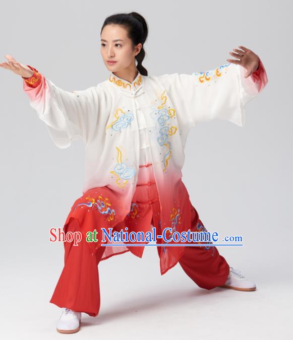 Chinese Traditional Tai Chi Group Embroidered Clouds Red Silk Costume Martial Arts Kung Fu Competition Clothing for Women