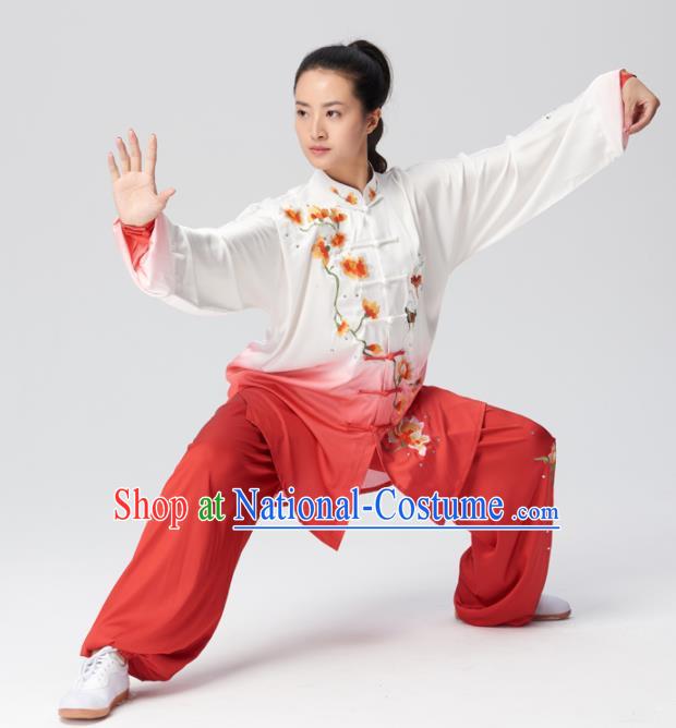 Chinese Traditional Tai Chi Group Embroidered Mangnolia Red Costume Martial Arts Kung Fu Competition Clothing for Women