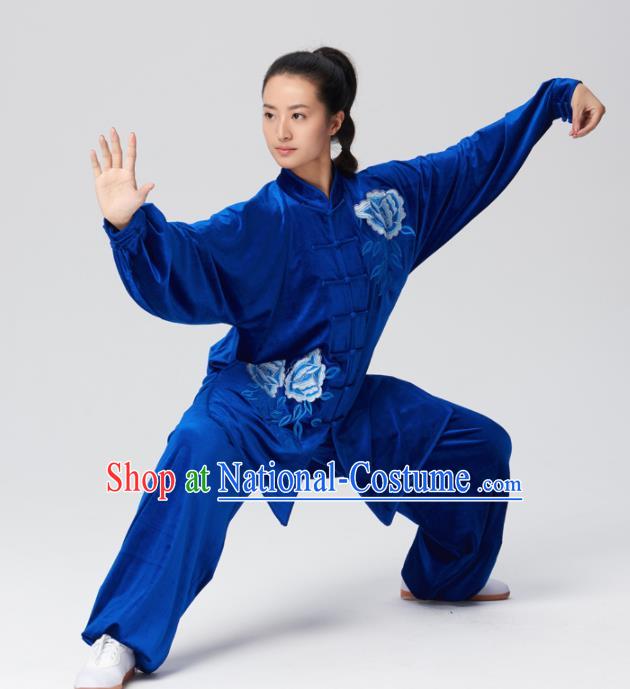 Chinese Traditional Tai Chi Group Royalblue Velvet Costume Martial Arts Kung Fu Competition Clothing for Women