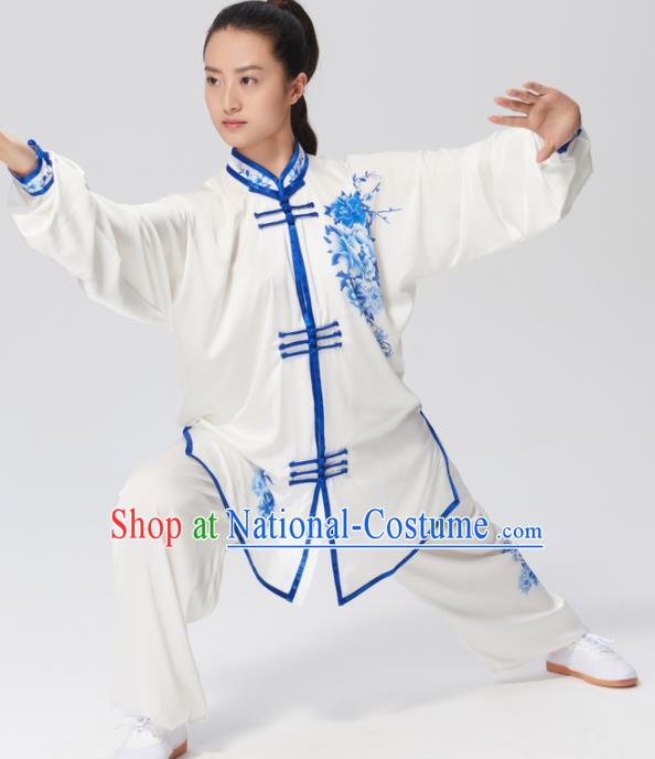 Chinese Traditional Tai Chi Group Printing Blue Peony Costume Martial Arts Kung Fu Competition Clothing for Women