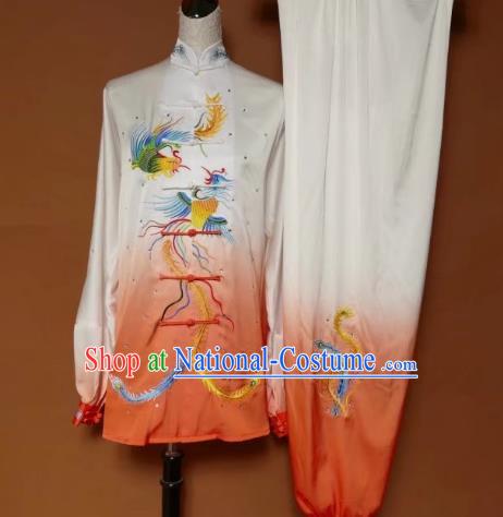 Chinese Traditional Tai Chi Group Embroidered Phoenix Orange Costume Martial Arts Kung Fu Competition Clothing for Women