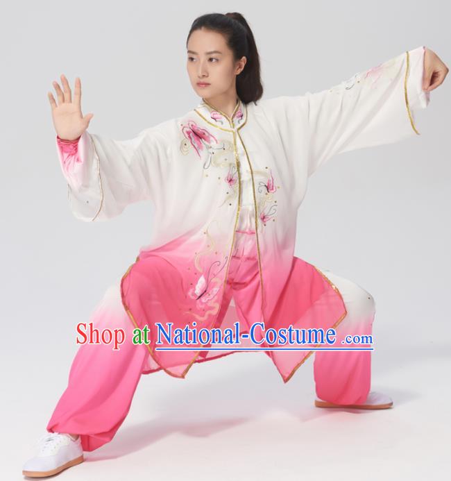 Chinese Traditional Tai Chi Group Embroidered Butterfly Rosy Costume Martial Arts Kung Fu Competition Clothing for Women