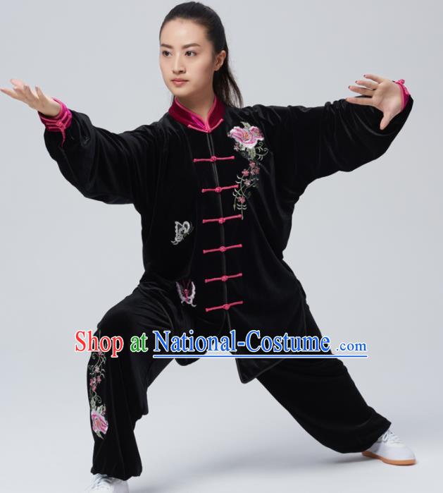 Chinese Traditional Tai Chi Group Embroidered Peony Black Velvet Costume Martial Arts Kung Fu Competition Clothing for Women