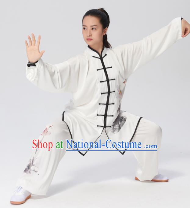 Chinese Traditional Tai Chi Group Ink Painting Lotus Costume Martial Arts Kung Fu Competition Clothing for Women