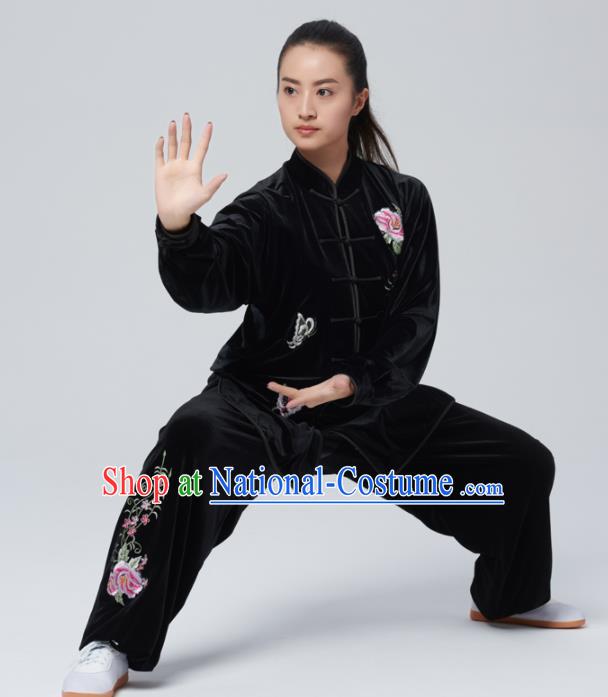 Chinese Traditional Tai Chi Group Black Velvet Costume Martial Arts Kung Fu Competition Embroidered Peony Clothing for Women