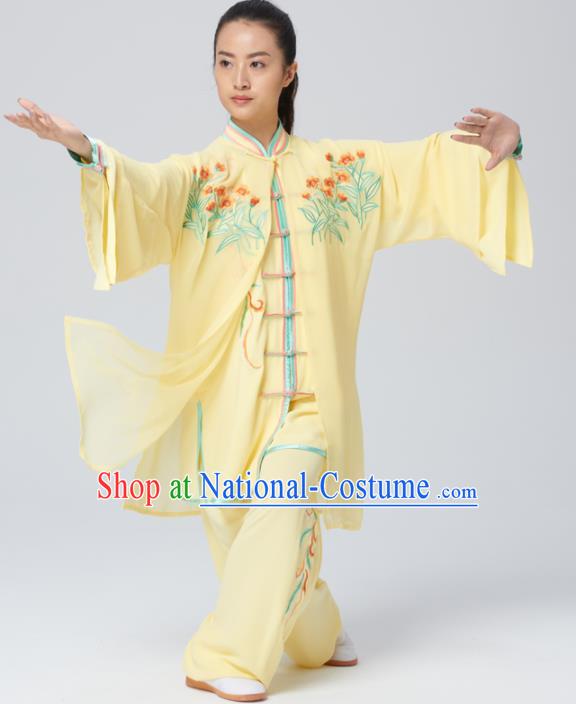 Chinese Traditional Tai Chi Group Yellow Costume Martial Arts Kung Fu Competition Embroidered Clothing for Women