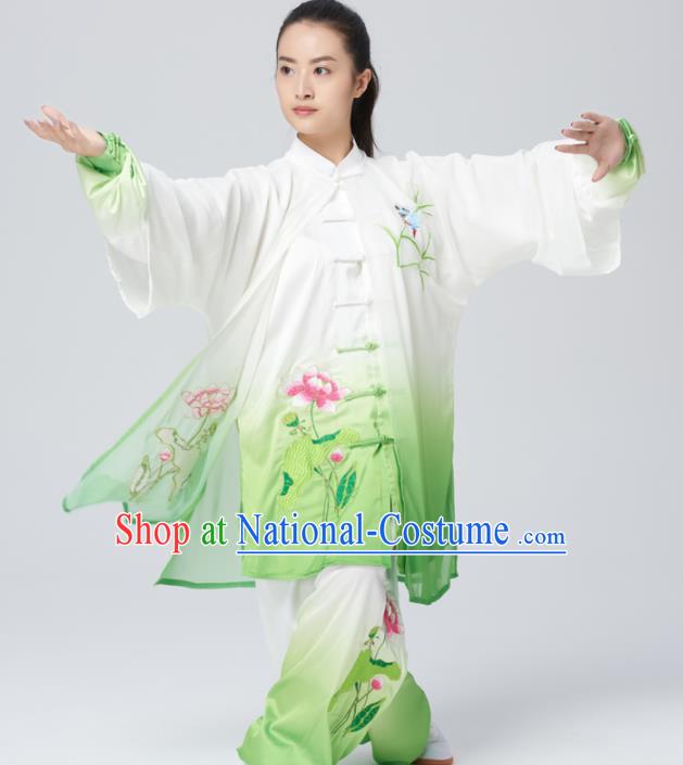 Chinese Traditional Tai Chi Group Embroidered Lotus Costume Martial Arts Kung Fu Competition Green Silk Clothing for Women